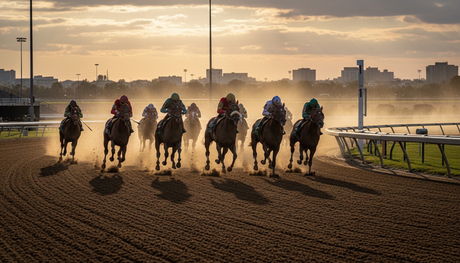 Thoroughbreds racing down the straight